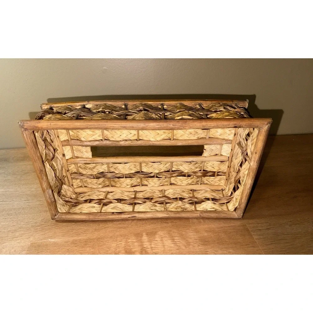 Vintage Woven Wicker Bamboo Tissue Box Cover Rectangular Boho Rattan Holder